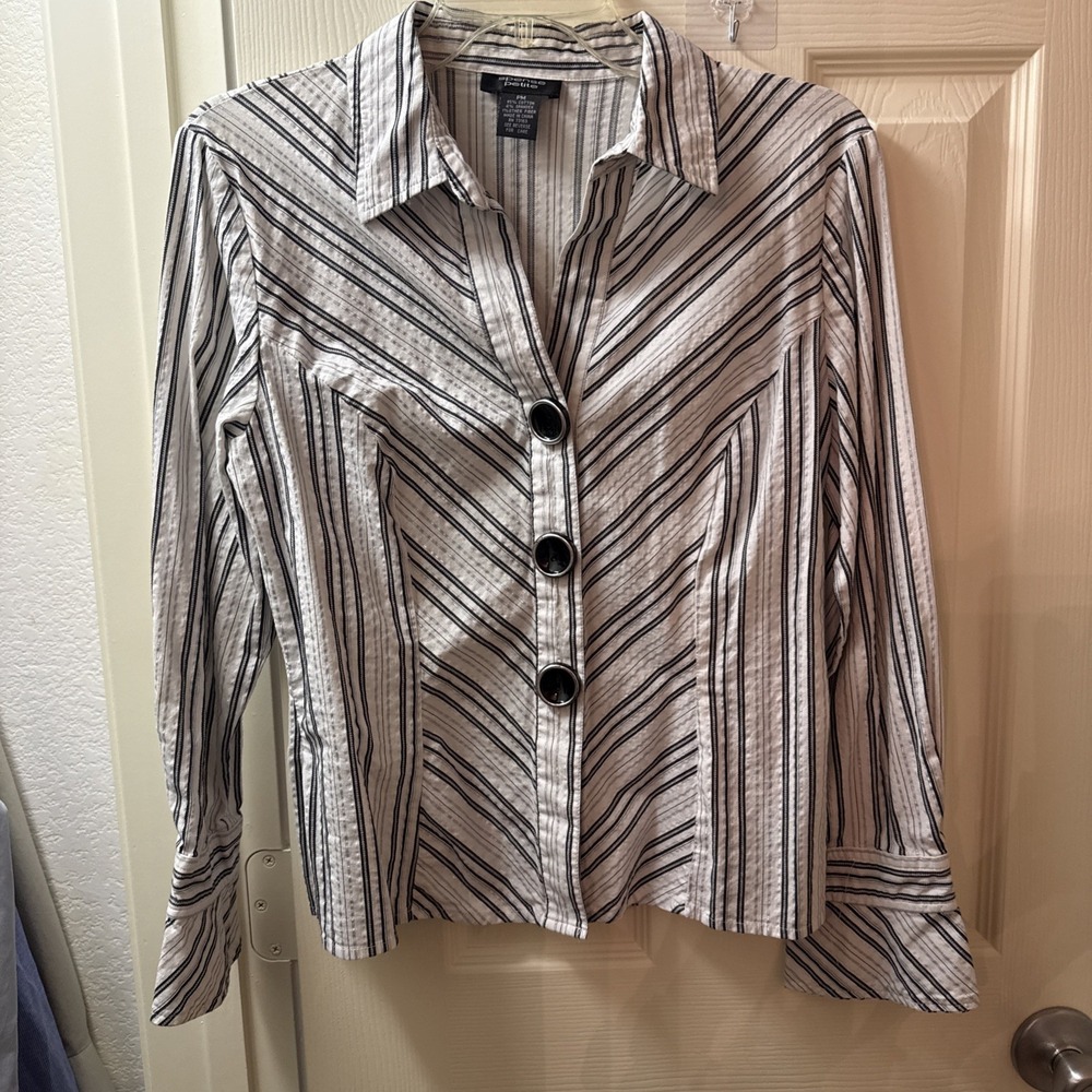 Spense Petite Blouse Womens PM Black White Striped Silver Accent Button Up